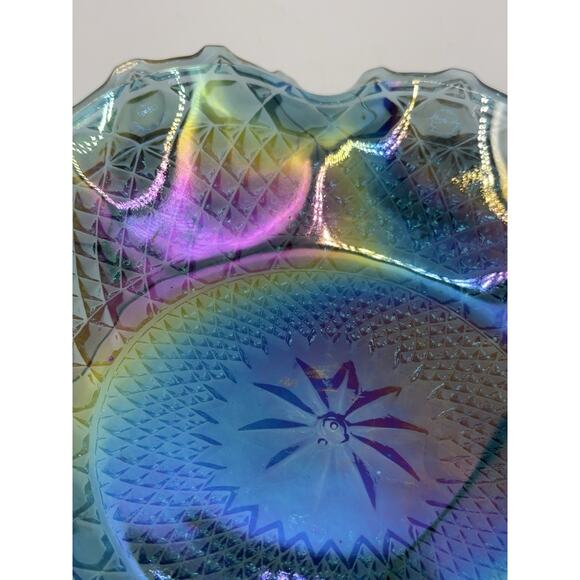 Iridescent Blue Carnival Glass Ruffled Edge Starburst Diamond Dish 10" Vintage - Picture 3 of 10